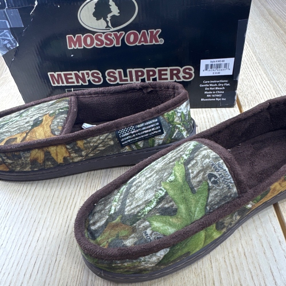 Mossy Oak Mens Camo Slippers Moccasin‎ Slip On Fleece Lined Brown 7/8 New